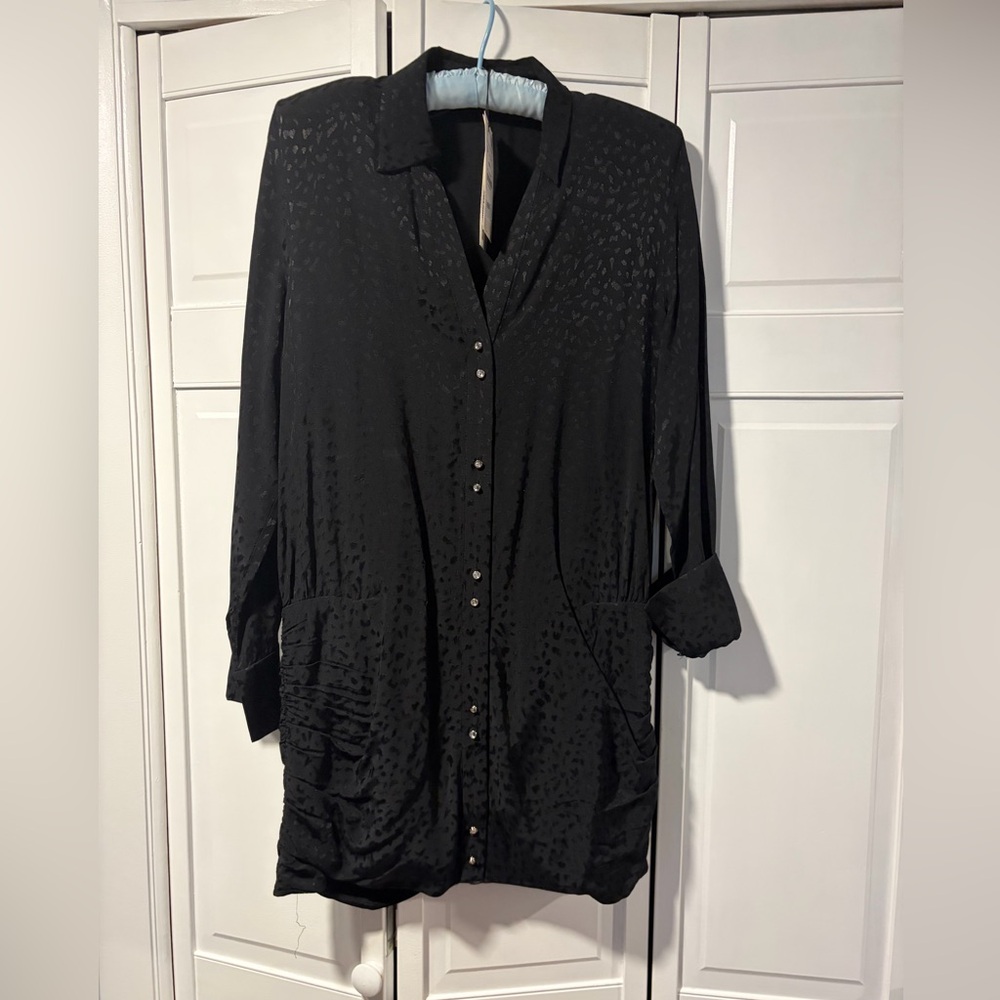 NWT Zara Black Long Sleeve Dress w/ Rhinestone front button closure Animal print